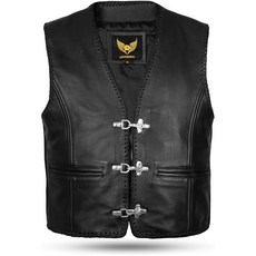 Leatherick 블랙 천연 가죽 오토바이 조끼 | 피쉬 후크 버클과 조절 가능한 측면이 있는 브레이드 바이커 조끼 블랙 지퍼 4X-라지 414646, XL