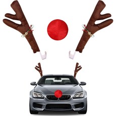 ‎JazSwirl 자동차용 재즈월 브라운 순록 뿔 크리스마스 자동차 장식 세트 크리스마스용 & 코 안테나 토퍼