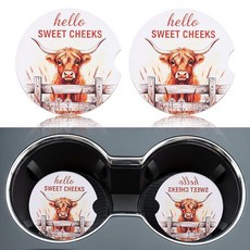 컵 홀더용 자동차 컵받침 나무 베이스가 있는 미끄럼 방지 세라믹 표면 2팩 여성 및 남성용 내부 액세서리 귀여운 자동 홀더 인서트 6.6cm(2.6인치) - 공룡, CowHighland