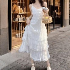 法式海邊度假白色韓版小眾新款吊帶氣質蛋糕連衣裙夏季裙子, 黑色,L