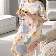 아워트레져스 파스텔 곰돌이 반팔 여성 오버핏 잠옷 원피스 파자마