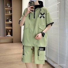 休閒套裝 運動套裝 男士夏季 寬鬆拉鍊款 兩件套 時尚連帽工裝 夏季短袖短褲套裝 休閒連帽 寬鬆兩件套 男士青少年學生