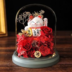 永生花招財貓玫瑰花發光禮盒開業送禮祝賀送朋友老板創意擺件禮品 發財招財擺件 精緻送禮 禮物 開業大吉 389990, 喜慶紅招財貓花房