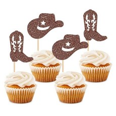 24피스 카우보이 첫 번째 생일 컵케이크 토퍼 승마 말굽 카우보이 모자 웨스턴 테마 생일 축하 베이비 샤워 파티 케이크 장식 용품, 커피