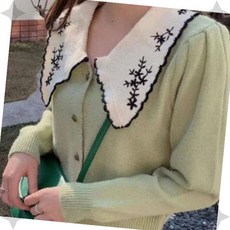 여성용 자수 세일러 카라 니트 가디건 봄가을 데일리 레이어드 캐주얼 긴팔 상의