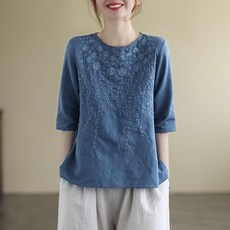 夏季女裝 棉麻復古五分袖刺繡寬鬆上衣