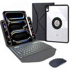 Powerway 2024 iPad Pro 11吋(M4) 圓雅型藍牙鍵盤皮套保護殼 (附贈同色無線滑鼠), 尊貴黑(黑色圓鍵/黑色滑鼠/黑色保護殼)