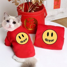 【格森】貓衣服防掉毛冬季新年加厚銀漸層布偶貓喜慶過年衛衣, 笑臉紅色-加絨,2XL碼建議17-20斤, 1個