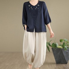 ORZQU 여자 여름 생활한복 자수 오버핏 7부 소매 블라우스 슬랙스 투피스