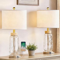 HIGHTRY 침실 유리 테이블 램프 2개 세트 61cm(24인치) 농가 침대 옆 램프 USB 포트 포함 3방향 조도 조절 가능한 브라운 나이트 스탠드 화이트 쉐이드 목재, HIGHTRY 침실 유리 테이블 램프 2개 세트, 61