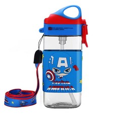 寶媽嚴選 9kmp (Poli) 变形警车珀利兒童宝宝波力卡通圖案塑料水瓶带吸管 尺寸 450 毫升多种容量。, 美國隊長, 1個