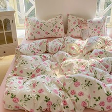 인스 공주풍 침구 세트 심플 플로럴 이불 커버 베개 플랫 시트 싱글 트윈 더블 사이즈 데코 침대 린넨