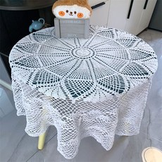 SKANDSALO 핸드 크로셰 레이스 원형 식탁보 테이블보, 110cm, 흰색