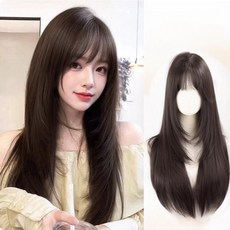 큐엔유 네츄럴 레이어드 컷 긴머리 여성 통가발 패션 전체가발, 1개, 브라운블랙