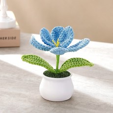 코바늘 튤립 활짝 핀 꽃 미니 화분 3개 완제품 선물 시들지않는꽃 화병, 블루