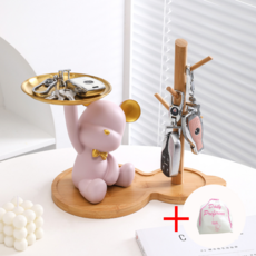 일상HO감 북극곰 곰돌이 트레이 악세사리 수납함 차키보관, 3. 손든 곰돌이 핑크+트레이+파우치