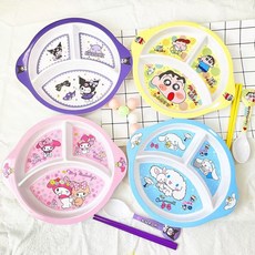 可愛兒童餐具套裝 防摔防燙寶寶吃飯分格餐盤 飯菜盤輔食碗幼兒園餐盤勺 學生餐具 寶寶餐盤, 粉美樂蒂2代,三格子盤, 1個