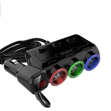 一拖三點煙孔擴充 12V-24V 車用點煙器擴充座 三孔擴充, 1個, 黑色 (有電壓版本)