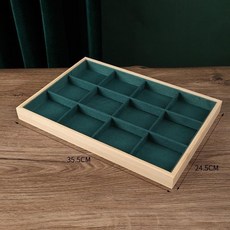 熱銷爆款 絨布托盤 首飾看貨盤飾品 收納盒 戒指項鍊展示托盤 擺攤道具 珠寶箱手鐲展示托盤 展示盤 飾品托盤 陳列盤, 竹木12格墨綠色