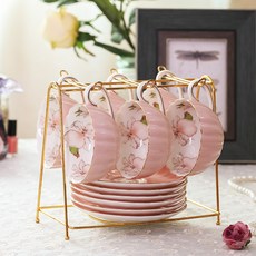 홈카페 플라워 본차이나 예쁜 찻잔세트 6인조세트 엔틱찻잔 커피잔, 핑크6인찻잔세트(정리대포함), 1개