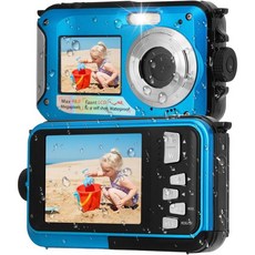 수중 카메라 11피트 풀 HD 27K 48MP 오토포커스 셀카 듀얼 스크린 방수 카메라플로팅 스트랩 포함 필 라이트 스노클링용 노란색, Blue, 파란색