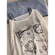 在臺好物 韓系趣味可愛Kitty貓印花長袖T恤 夏季慵懶風寬鬆防曬罩衫上衣