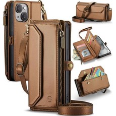 iPhone 15 Pro Max RFID 차단 10 카드 홀더 소프트 PU 가죽 마그네틱 스냅 숄더 스트랩 지퍼 포켓 휴대폰 케이스 6.7\" - 로즈 골드, iPhone 15 - 6.1", Brown, 1개
