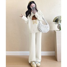 임신부 추동 세트 가을 겨울 캐주얼 임부복 상하의 투피스 패션 루즈핏 맨투맨 + 와이드 팬츠 SJS