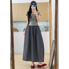 Yellwel 여성용 여름 하이웨이스트 공장풍 롱 스커트 DJP