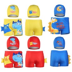 現貨兒童泳褲兩件套 D10B 卡通平角男童泳褲 泳帽 大嘴魚 恐龍 中大童游泳褲