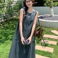 Yellwell여성용 데님 민소매 롱 원피스 캐주얼 데님 드레스 편안한 데일리 옷LST