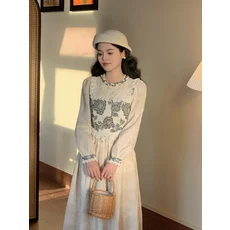 우아한 기질 꽃 자수 코튼 린넨 드레스 부드러운 소프트 A 라인 스커트 긴 소매 라운드 넥 폴리 에스터 섬, 01 미색, 01 엘