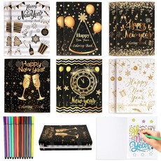 HOWAF 새해 복 많이 받으세요 컬러링 북 벌크 새해 전야 컬러링 페이지 페인트 펜 포함 2025년 새해 휴일 교실 활동 가방 필러 블랙 골드 NYE 드로잉 북 12개, HOWAF 새해 복 많이 받으세요 컬러링 북 벌크, 새