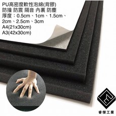 睿傑工業 PU高密度軟性泡綿(背膠) 隔音 防撞 緩衝墊 2.5cm厚 A4尺寸, 1個, 25mm,A4大小(21X30cm)