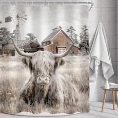 AMBZEK Country Highland Cow 4피스 샤워 커튼 세트 너비 182.9cm x 길이 182.9cm(72인치) 농가 러스틱 불 롱혼 풍차 농장 소 삽화 천 원단