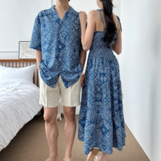 커플 롱 원피스 리조트 썸머 여름 여자 롱 원피스 휴가 바캉스 반팔 셔츠 남자 남성