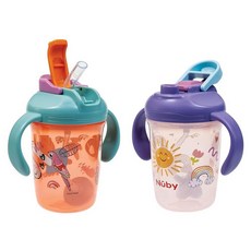 Nuby 360° 가중 빨대 및 단단한 가 있는 투인원 유아용 컵 - (2팩) 226.8g(8온스) 누출 방지 잡기 쉬운 손잡이 식기세척기 사용 가능 타이거/레인보우13063, Tiger & Rainbows