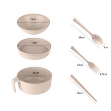 桃園發運 小麥秸稈餐具 泡麵碗帶蓋餐具 大號碗筷學生上班族便攜飯盒套裝, （北歐米）六件套+菜格, 1個