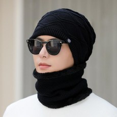 니트 방한모자 남녀공용 모자 보온 머플러 일체형 꽈배기, 1개, 37016-블랙