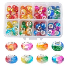 NBEADS 64 Pcs Resin European Beads 8 Colors Large Hole Rondelle European Spacer Beads with Brass, 레진 혼합 색상 D