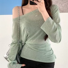 cammello 리본 테일 포인트 언발란스 넥 시스루 긴팔 티셔츠 자외선차단 티