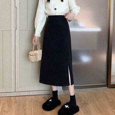치마 스커트 슬릿 롱 뒷밴딩 블랙 얇은 H라인 A라인 맥시 플레어 빅사이즈 플리츠 청바지 A라인 dew+022iJ