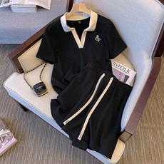 大碼運動短褲套裝女夏 韓版新款寬鬆時尚V領休閒短袖兩件套潮跨境, 黑色
