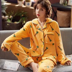 가을과 겨울 산호 양털 잠옷 여성 겨울 패딩 플러스 벨벳 플란넬 홈 의류 겨울 2021 새로운 정장, 노란 당근 카디건, 1개, XL 코드