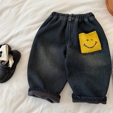 兒童長褲2025瞇瞇眼鼕季新品男女童加厚笑臉牛仔褲寶寶韓版休閒褲