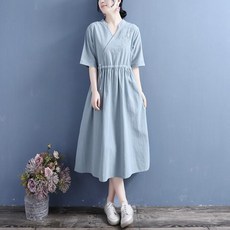 ORZQU 여름 여성 캐주얼 솔리드 루즈핏 개량한복 브이넥 반팔 스트링 미디 자수 원피스