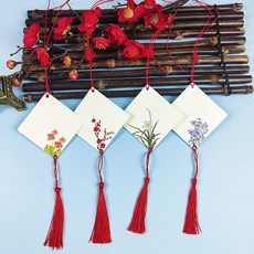 臺灣出貨 創意幼兒園許願卡吊樹卡心願卡懸掛件吊牌兒童開學祝福空白卡片紙, 新款方形植物40張帶紅中國結+紅流蘇, 1個