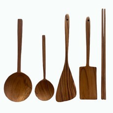 몽다름아 100% 아무것도 칠하지 않은 천연 티크우드 나무주걱 뒤집개 조리도구 스푼 5종세트 집들이선물, 1세트, 내츄럴, 주방조리도구 5종