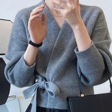 투니스 여성 빈티지 슬림핏 단색 리본 니트 가디건