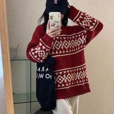 크리스마스 레드 빈티지 자카드 풀오버 임산부 스웨터 가을 겨울 루즈 나른한 바람 부드러운 찰 니트 탑